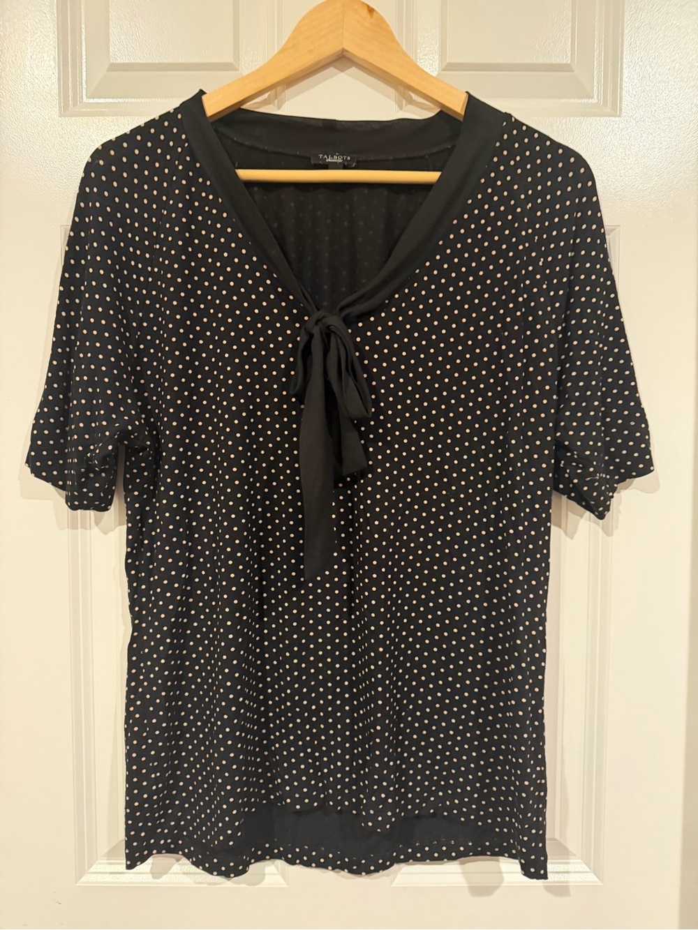 Talbots Tie-Neck Polka Dot Top - Black with Cream Dots